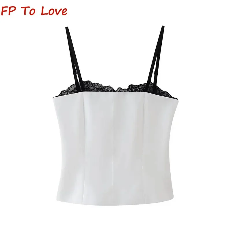 

2024 Spring Summer Spice Girls Lace Splicing Corset Style Top Sexy White Camisole 2306707