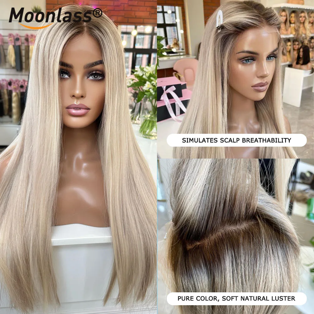 Vanilleblonde Balayage 13x6 transparente Lace-Front-Perücke, 100 % Echthaar, Perückenstufe, glattes Haar, 210 % Dichte, realistische Remy-Perücken