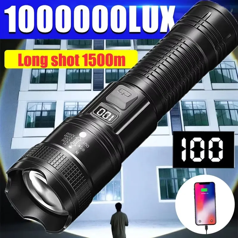 High Strong Power LED Flashlights 100000LM Tactical Torch with Display Light USB Charging Camping Fishing Defensa Zoom Lantern