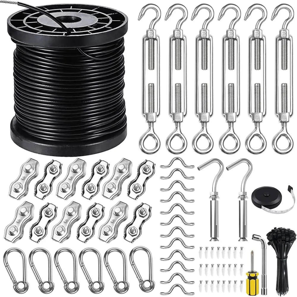 

Outdoor Hanging Kits for String Lights: 300T Coated Stainless Steel Wire Rope, Complete with Turnbuckles and Accessories