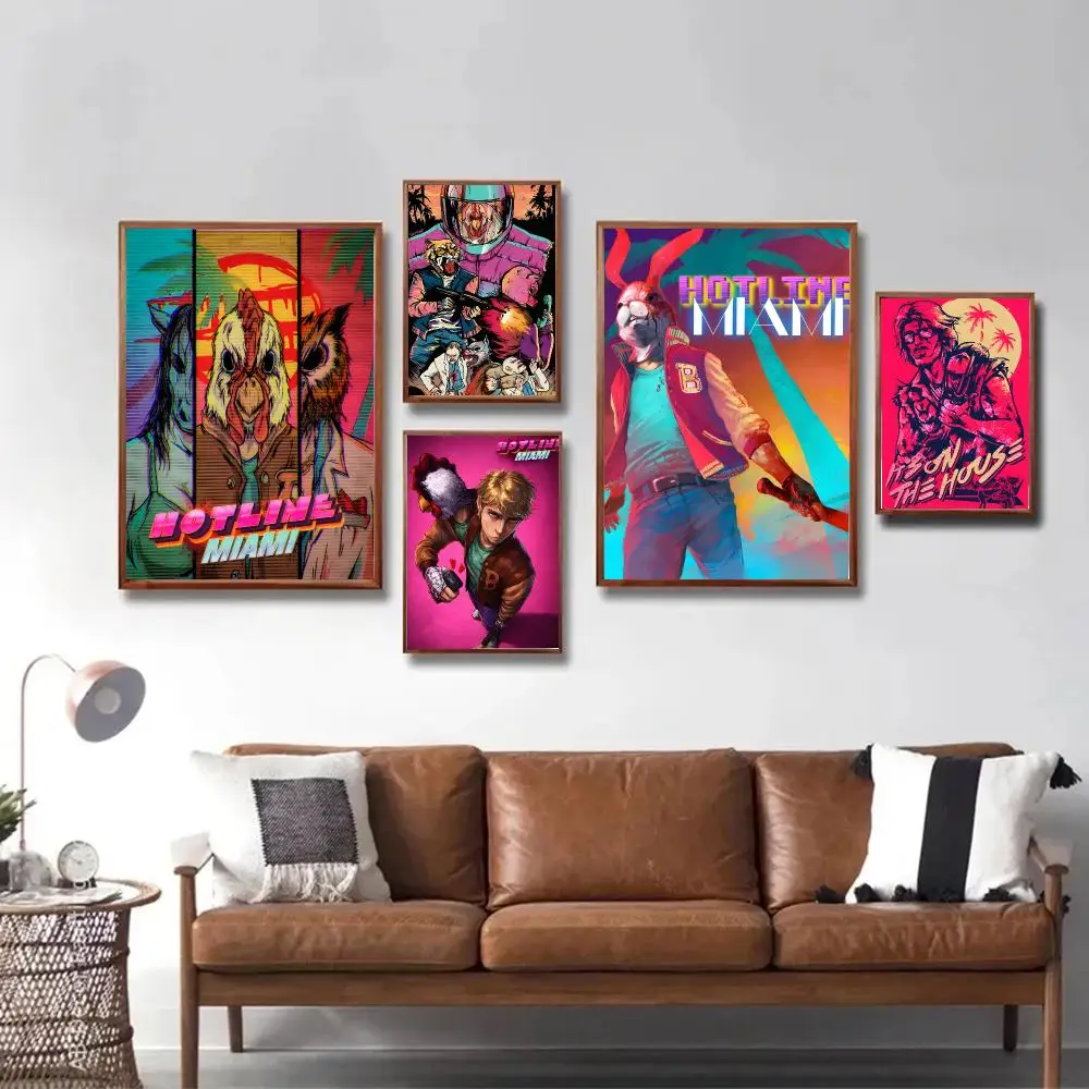 H-Hotline Miami Poster Waterproof Wall Art Sticker For Bar Living Room Vintage Room Decor High Quality Print Gift