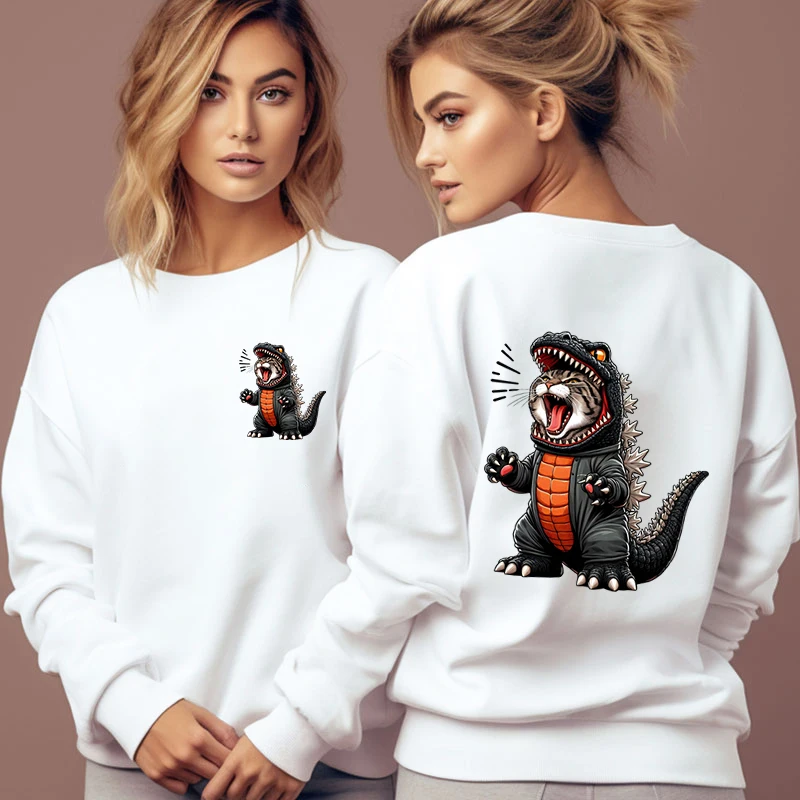 

Women's Sweatshirts Funny Cartoon Cat Classic Street Style Sweatshirt Hoodie Unisex Dinosaur Cat Front and Back Prints Hoodies