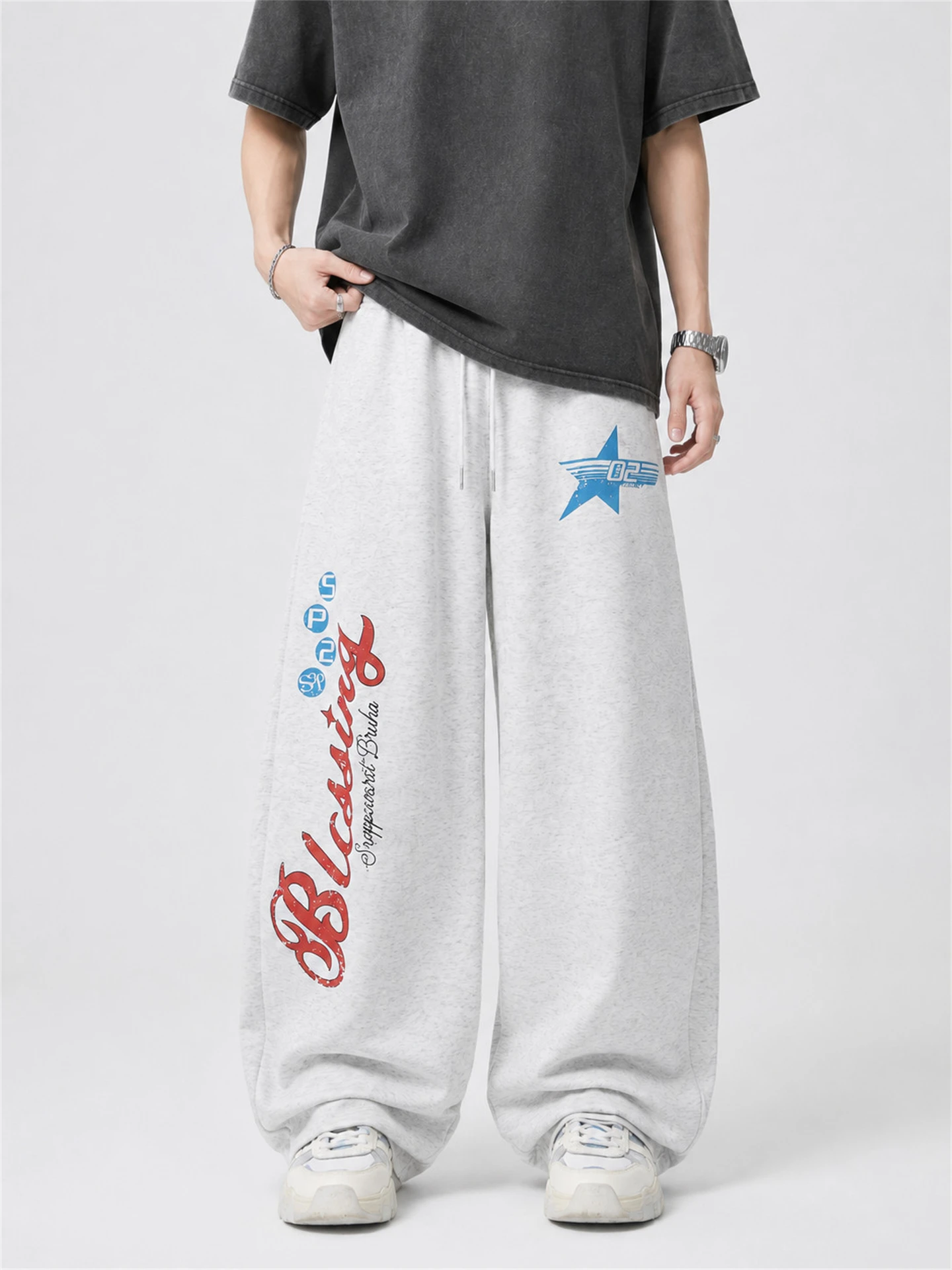 American Style Men's Casual Pants Letter Print Loose Wide Leg Sports Elastic Waist Casual Trousers Autumn Fashion Trend