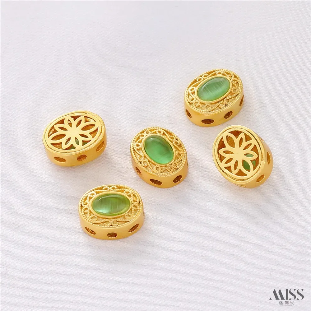 

18K Matte Gold Color Retention Fancy Hollow Gold Inlaid Jade Oval Through Hole Beaded Diy Bracelet Necklace Jewelry Accessories