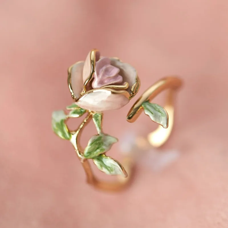 

New In Fashion Fairy Style Garden Gentle Pink Rose Vintage Exquisite Enamel Drop Glaze Brass Open Ring for Women Valentine Gift