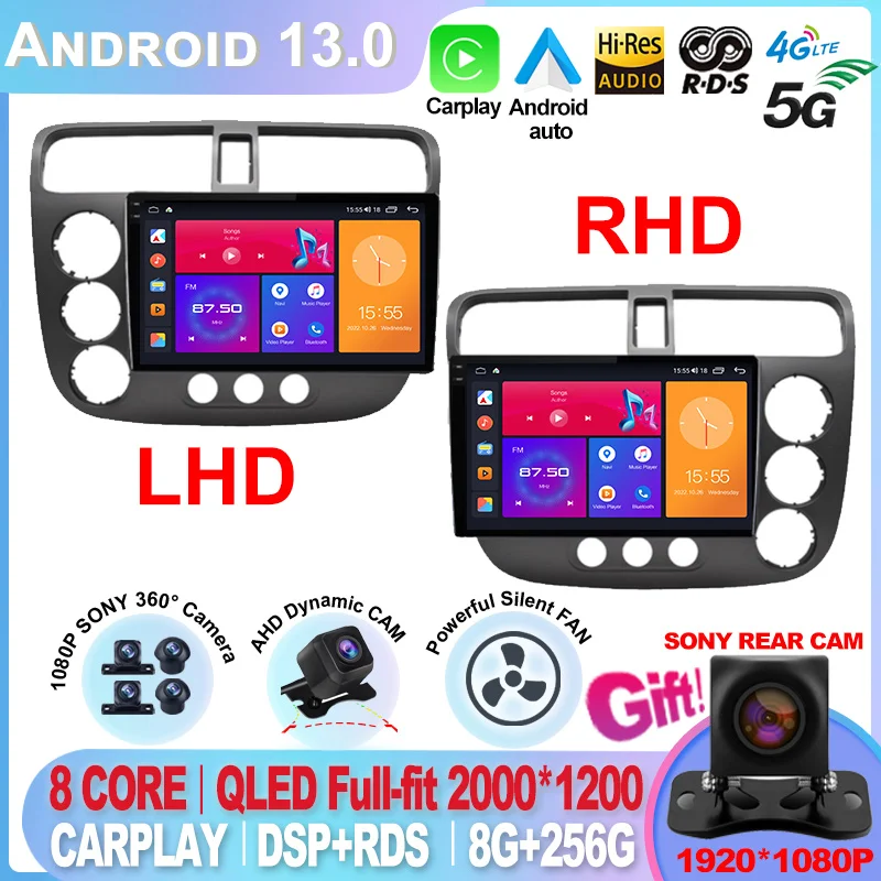 For Honda CIVIC Multimedia Player 2000 2001 2002 2003 2004 - 2006 2 Din Android 13 Radio Navigation GPS Stereo CarPlay Head Unit