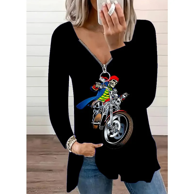 LN939 Stock 2023 Fall New Cross Border Women's Fashion Zipper Collar Long Sleeve Print Large Size Halloween T-Shirt