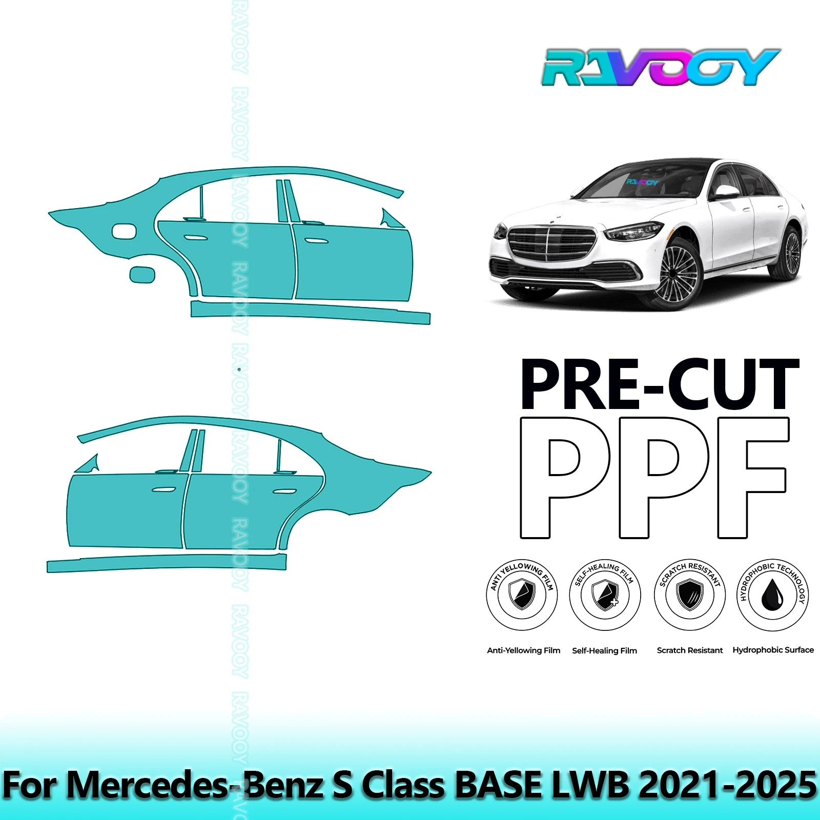 

For Mercedes-Benz S Class BASE LWB 2021-2025 8.5mil Clear Matte Pre-Cut PPF Door & A/B Pillar Kit TPU Paint Protection Film Set