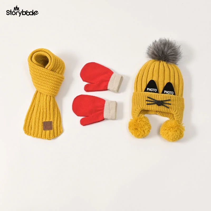 Hat scarf gloves Baby hat scarf gloves three-piece set Autumn/winter children\'s woolen hat boy/girl cartoon cat beard