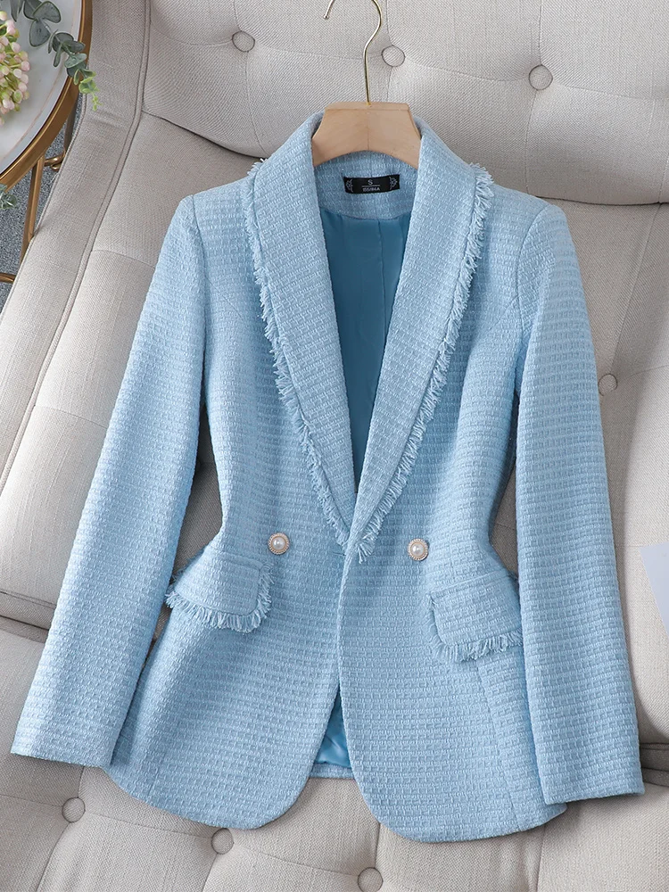 Tweed Pink Blazers For Women Elegant Chic Office Ladies Long Sleeve Lapel Solid Jacket Female Vintage Burr Slim Coats Tops Cloth