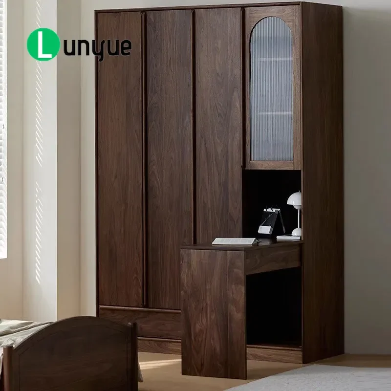 North American Black Walnut Wardrobe Corner Desk Integrated All Solid Wood Bedroom Storage Cabinet Opposite Door Design