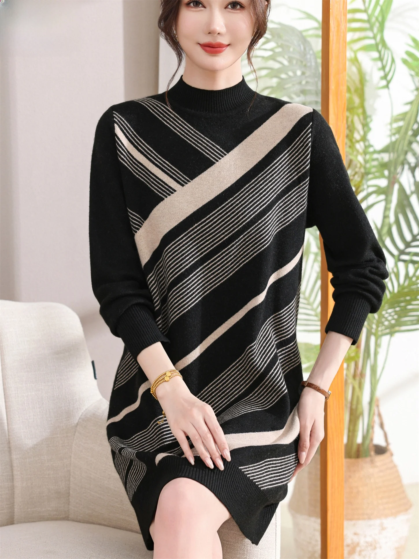 

Модная трикотажная шерстяная юбка-миди в полоску для мамы, осень-зима, новинка, китайский сарафан, свободный крой, дышащая повседневная одежда