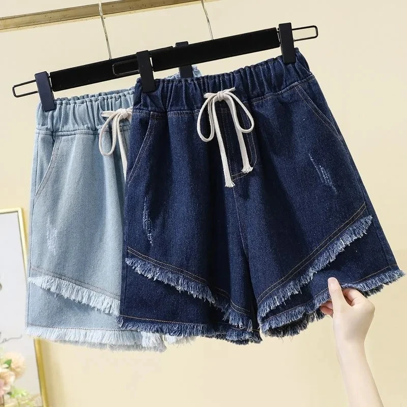 Super sized Denim Shorts For Women Streetwear Summer New Elastic waist Loose Slimming High waisted Wide leg pants Rough edges