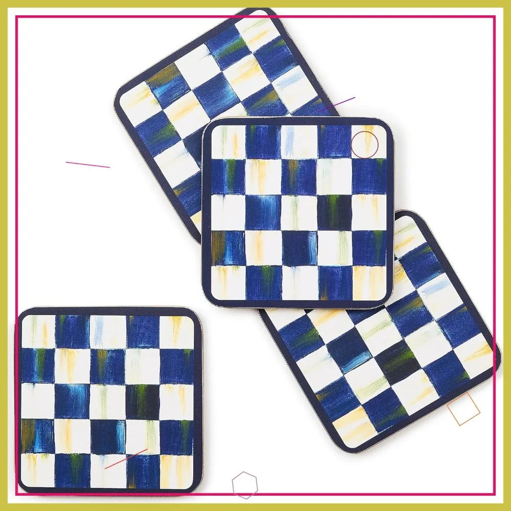 

Square Cork-Back Coaster Set, 4-Piece Blue-and-White Checkered Drink Holders for Table Protection