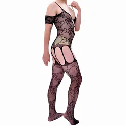 CLEVER-MENMODE Crotch Pantyhose Men Bodysuits Sexy Fishnet Lingerie Lace Mesh Nightwear Stockings Suspender Sissy Jumpsuit