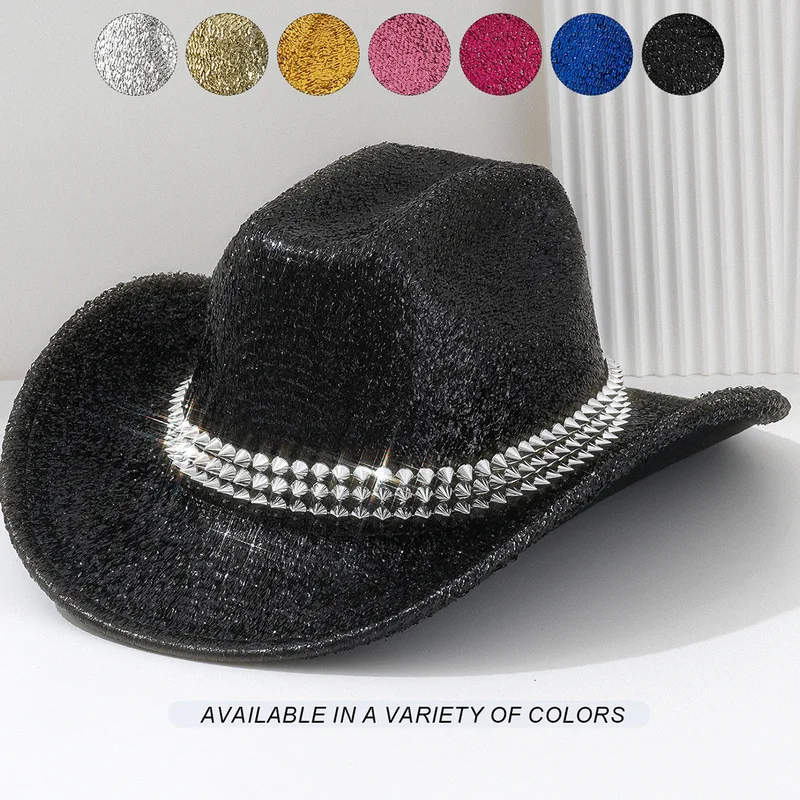 Men's and women's Y2K-style western cowboy hats, featuring metal, three-dimensional wide brims, and decorative studs, perfect fo
