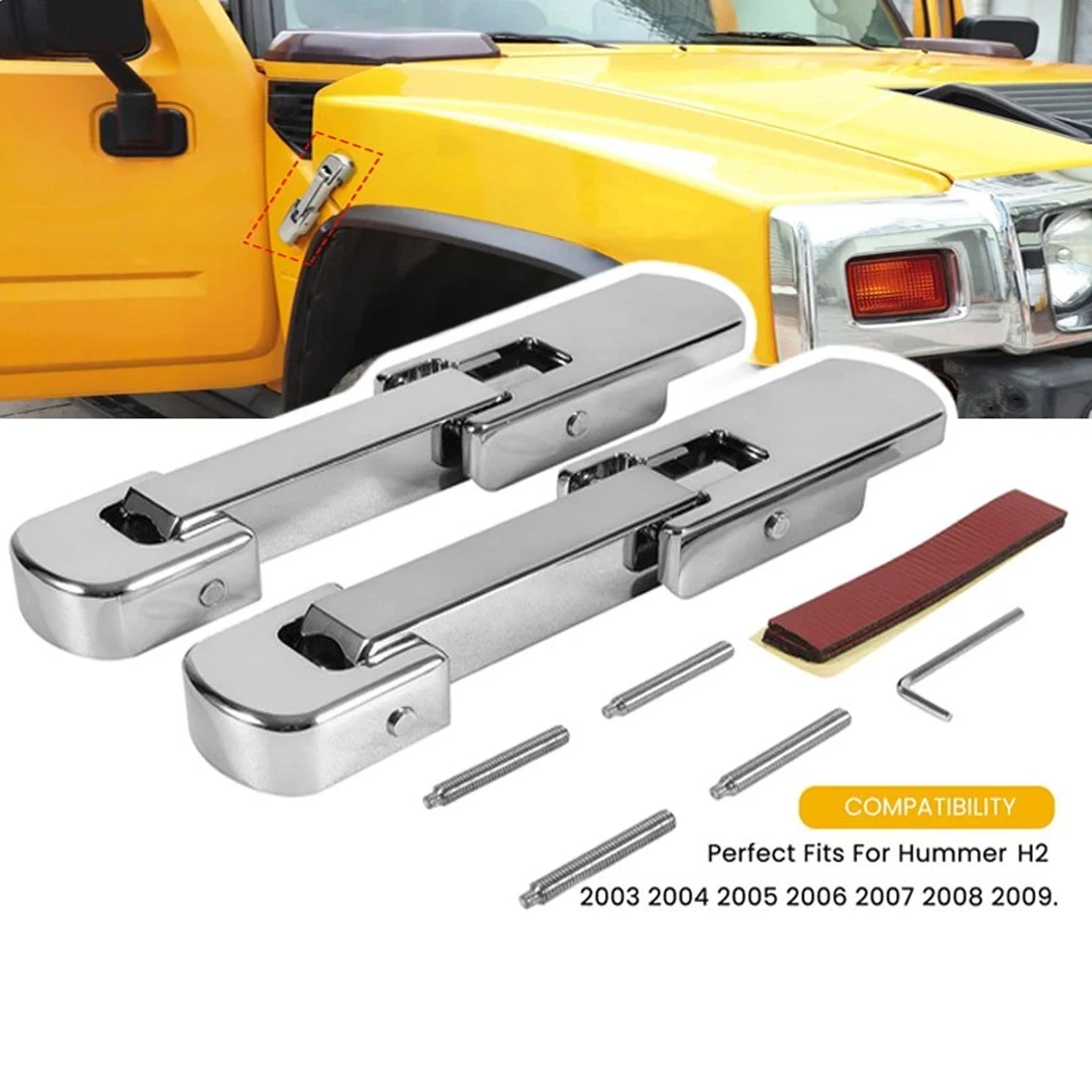 (1pair) Billet Aluminum Chrome Hood Latch and Hood Latch Spring Set For Hummer H2 2003 - 2009