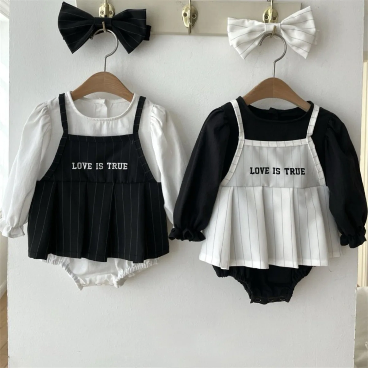 

2026 Spring New Baby Girl Fake Two-piece Bodysuit + Headband 2pcs Set Infant Girl Letter Jumpsuit Toddler Long Sleeve Clothes