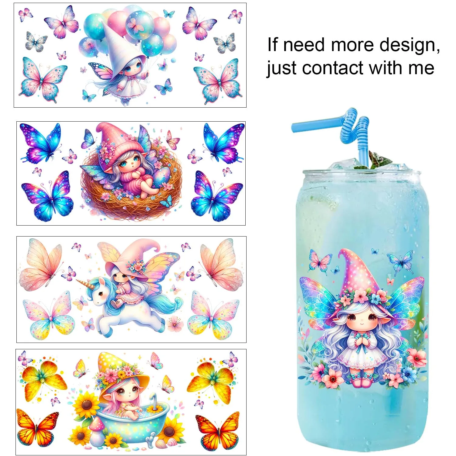 Cute Butterfly Elf Style easy peel waterproof Party DIY Decals 3D transfers uvdtf tumbler seal stickers 16oz uv dtf cup wraps