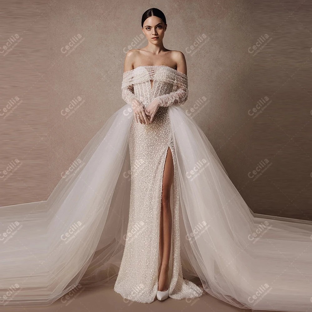 

Современные свадебные платья, блестящие свадебные платья, аппликации из бисера, халаты с открытыми плечами для женщин, Vestidos De Novia по индивидуальному заказу 2026