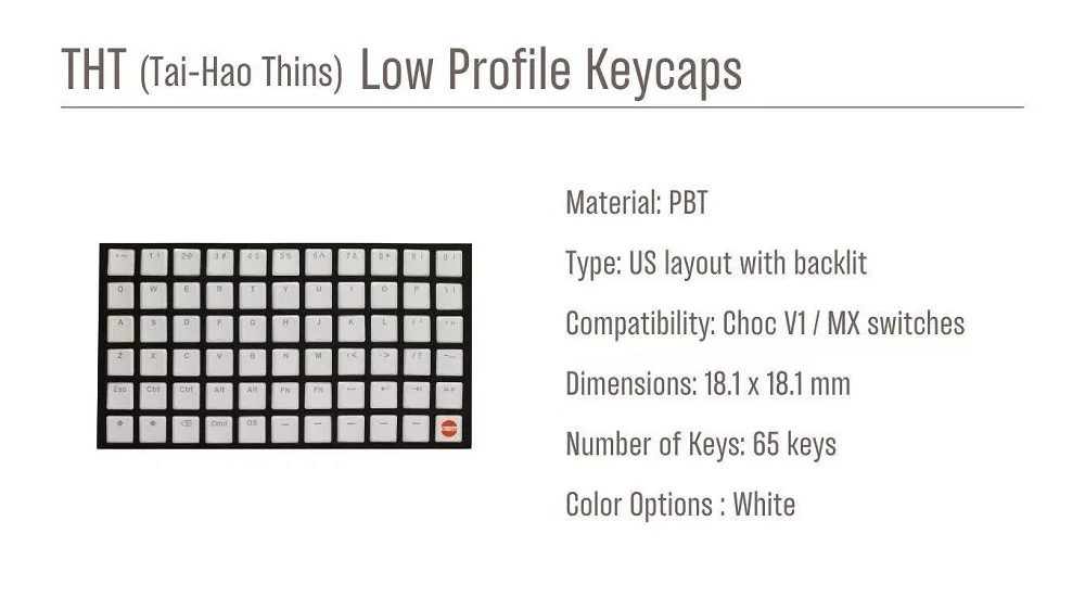 Taihao THT Weiße Tastenkappe dünnt Low-Profile-Tastenkappen für mechanische Gaming-Tastatur Kailh Choc 1350 oder MX Switch Light Through