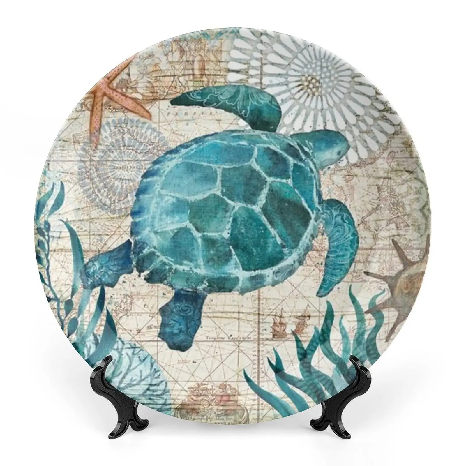 Sea Turtle Decorative Plates for Wall Hanging, Funny Sea Creature, Round Plate with Display Stand, for Home Office Wall Decors