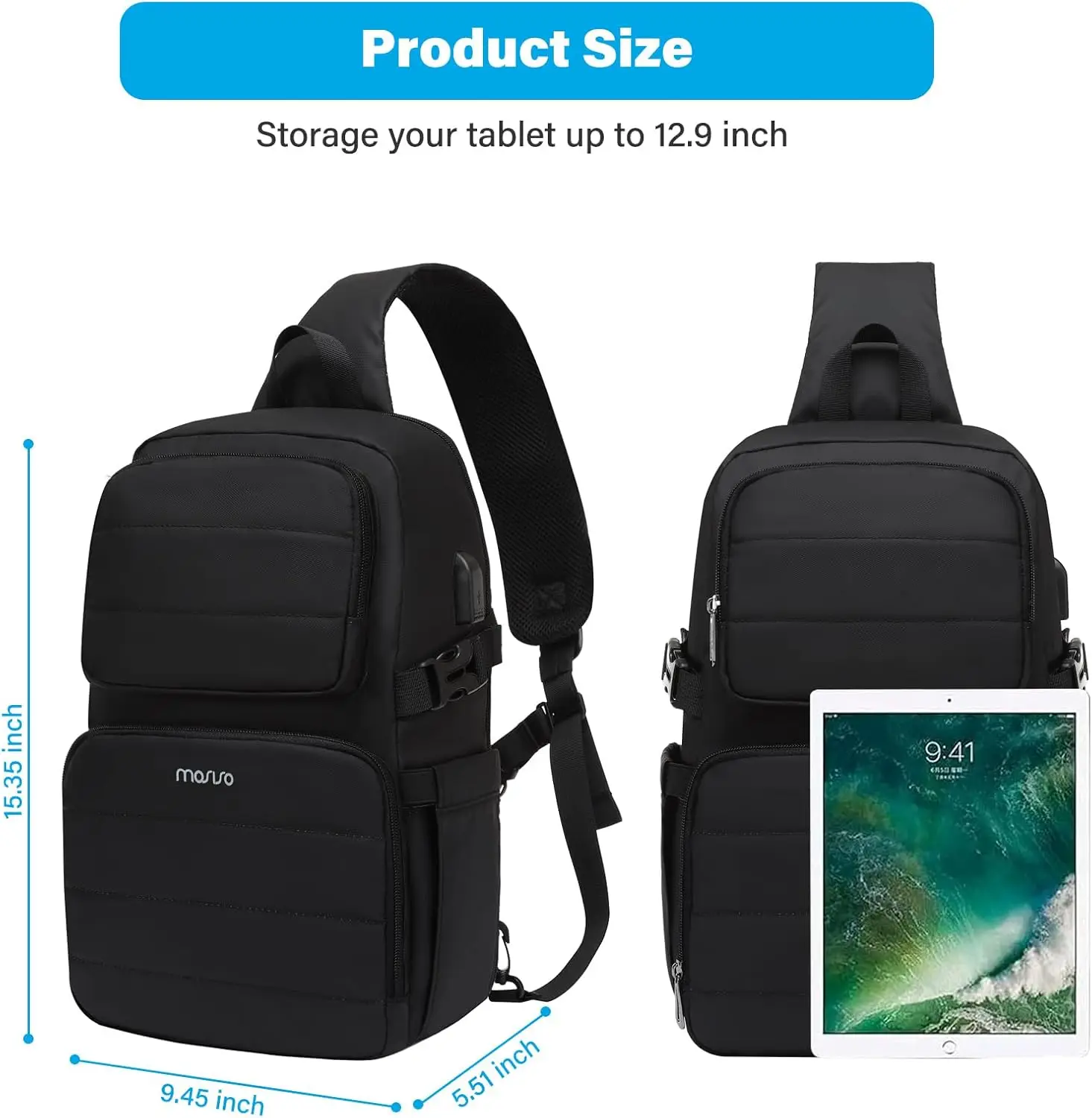 Sling Backpack Travel Hiking Daypack for Men Women Waterproof Crossbody Bag with USB Charging Port & 2 Front Pockets Chest Bag