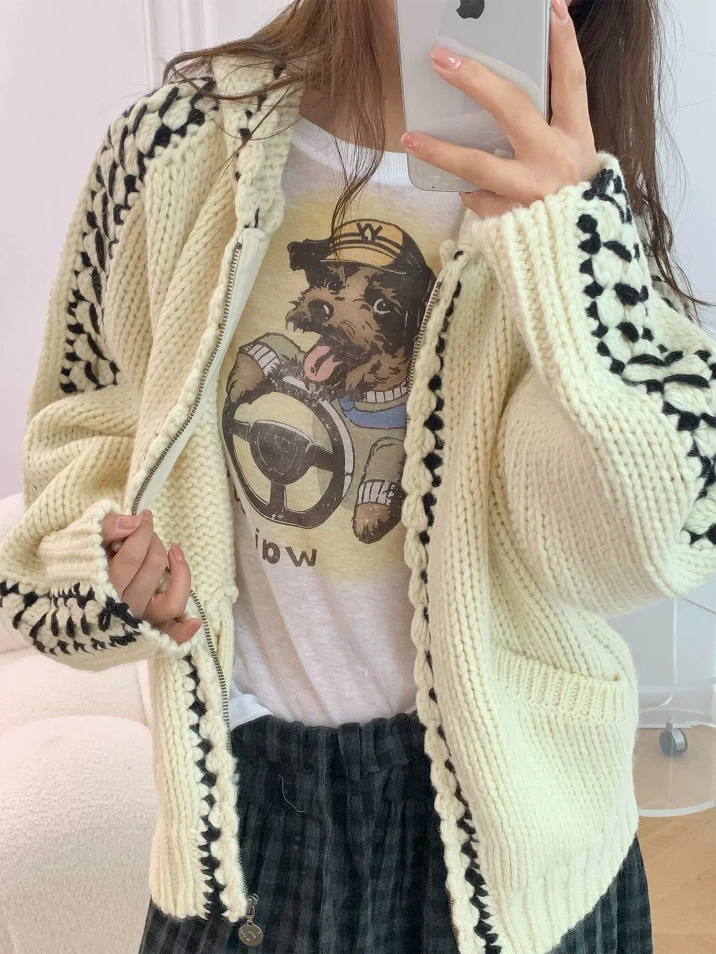 

Вязаный свитер ручной работы из плотной шерсти на молнии с капюшоном, теплая верхняя одежда, кардиган, тонкая вязка, повседневный уличный стиль, осень...