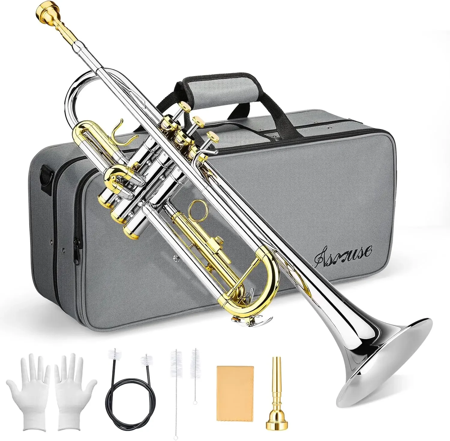 Conjunto de instrumentos de trompete para iniciantes, trompete de estudante padrão Bb com estojo rígido, instrumentos de latão com limpeza de trompetes