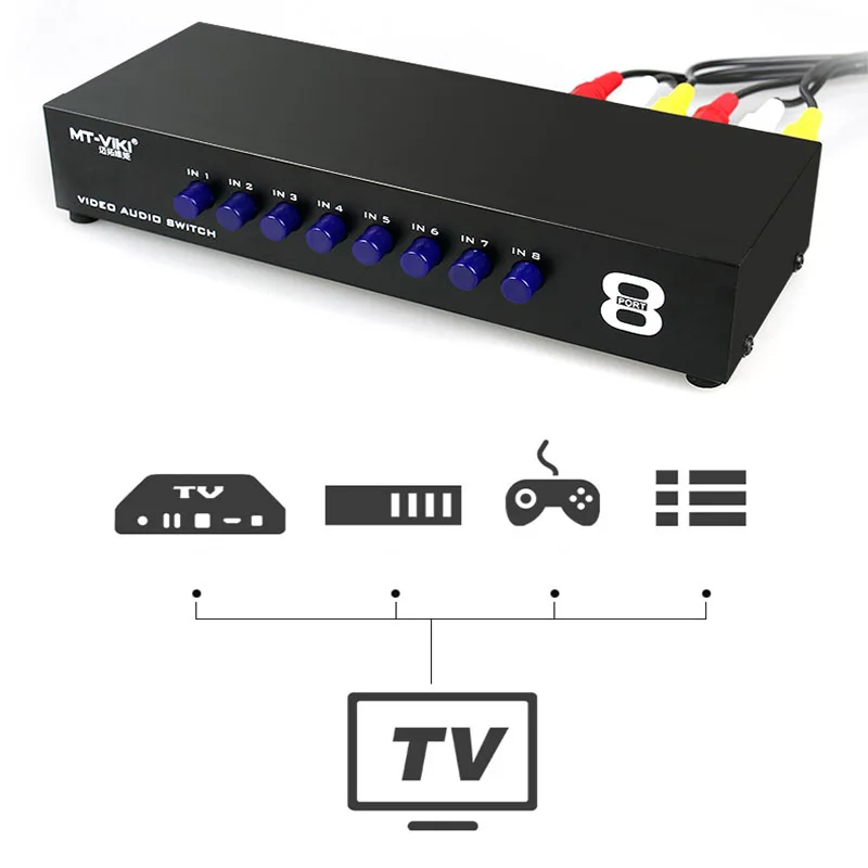 8x1 AV Switcher 8 in 1 out AV RCA Audio Video Switcher Selector Signal Composite for HDTV LCD DVD 3 RCA Switcher 8 to 1 Selector