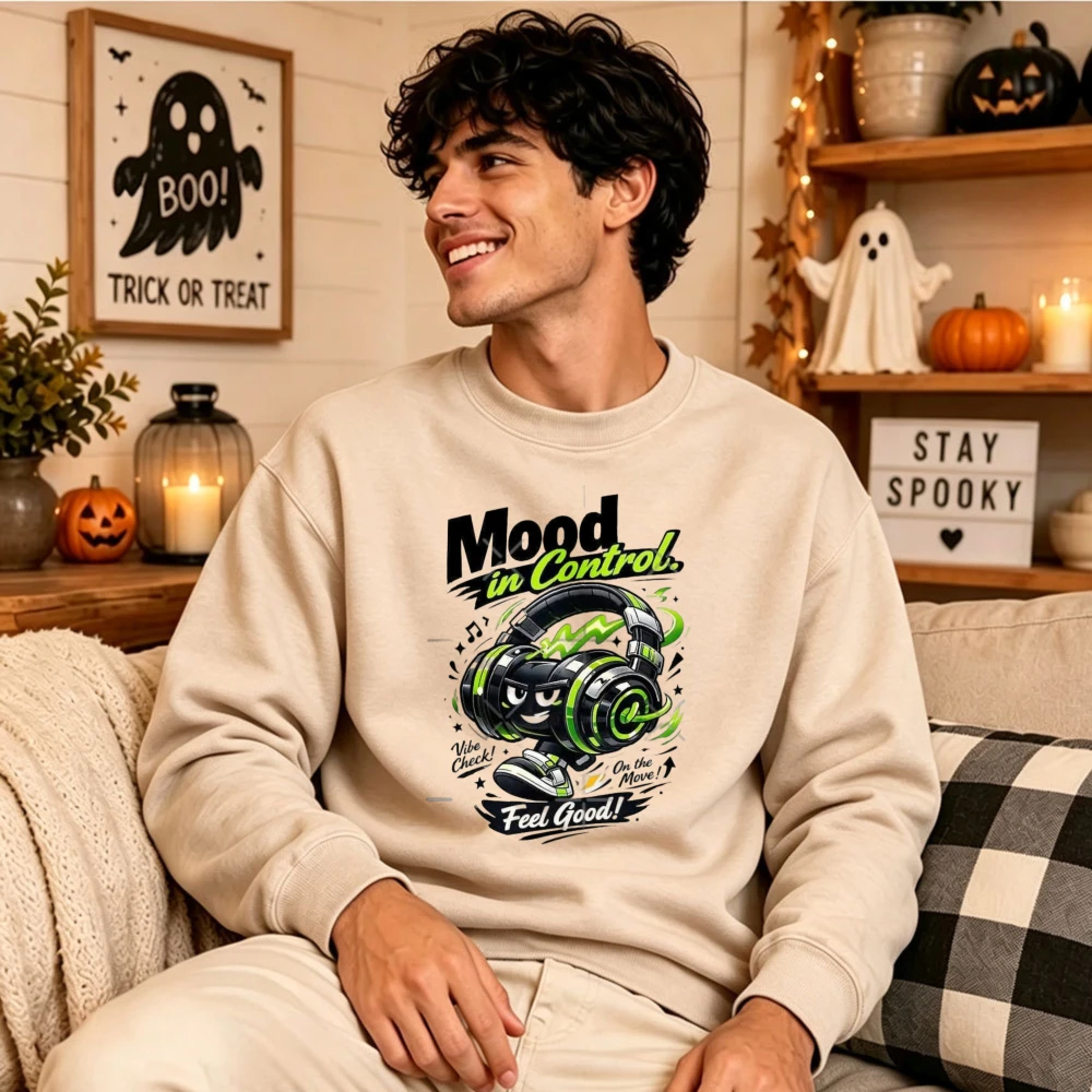 Mood in Control Feel Good Headphone Cartoon Character Graphic Crewneck Sweatshirt Music Streetwear Print Soft Casual Pullover
