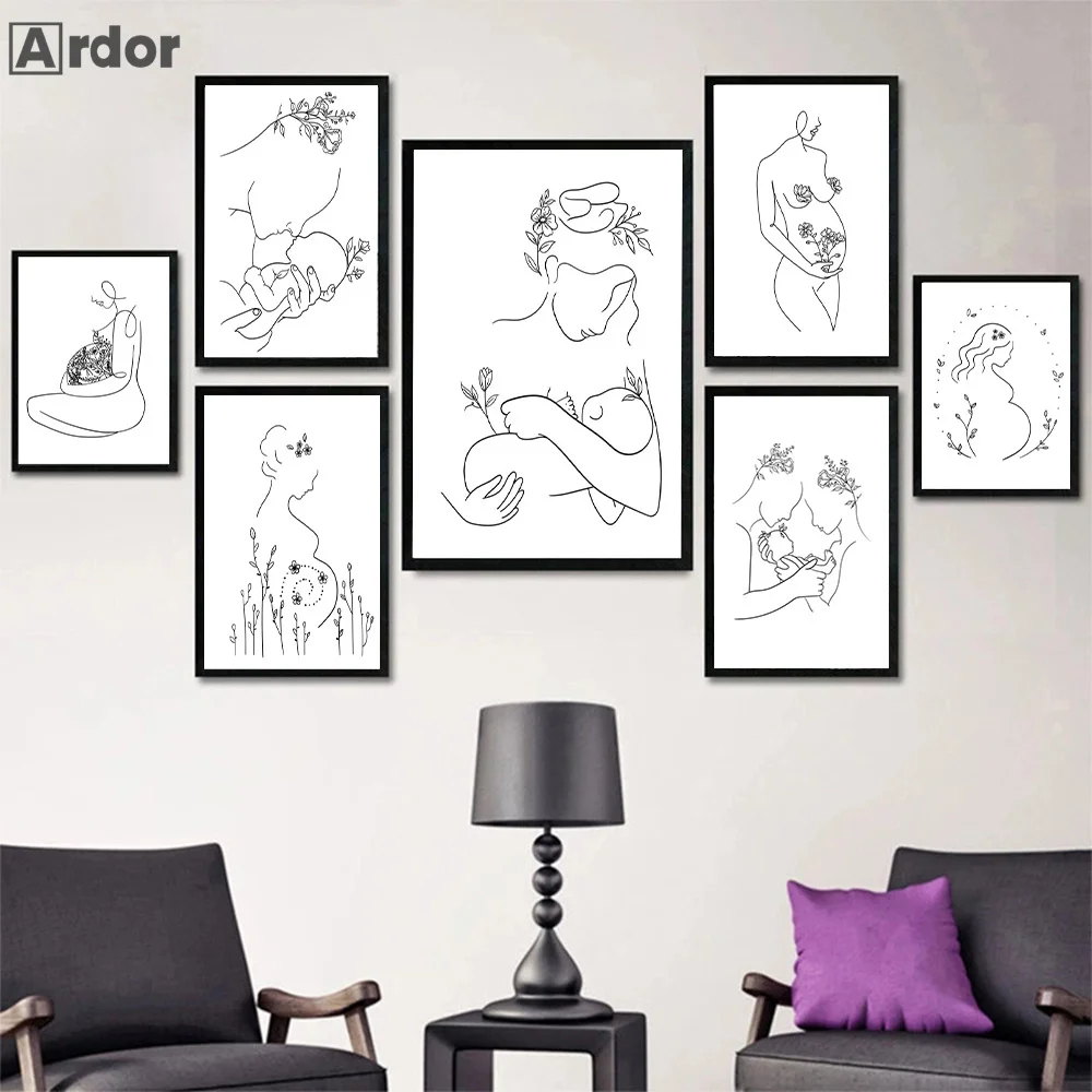 

Abstract Woman Pregnant Poster Dad Mom Baby Line Drawing Canvas Art Painting Family Portrait Print Wall Pictures Bedroom Decor