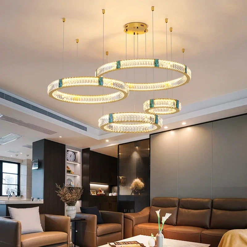 Golden crystal chandelier living room modern luxury glossy remote control dimming round ceiling LED light luxury chandelier