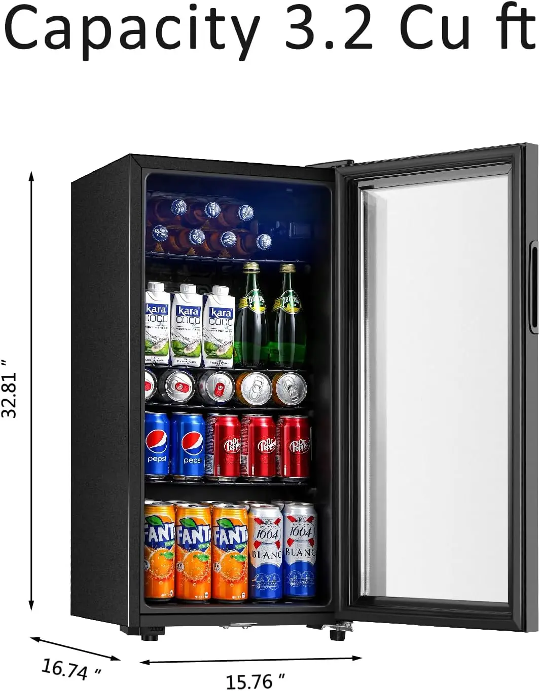 Mini geladeira com porta de vidro duplo, refrigerador para refrigerante, cerveja, vinho, casa, escritório, bar, com ajustável, 3,2 Cu.ft