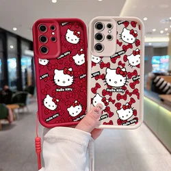 Cute Sanrios Bow Hello Kitty Phone Case for Samsung S24 S23 S22 S21 S20 Note 20 FE Plus Ultra 5G Soft TPU Cover With Hand Strap