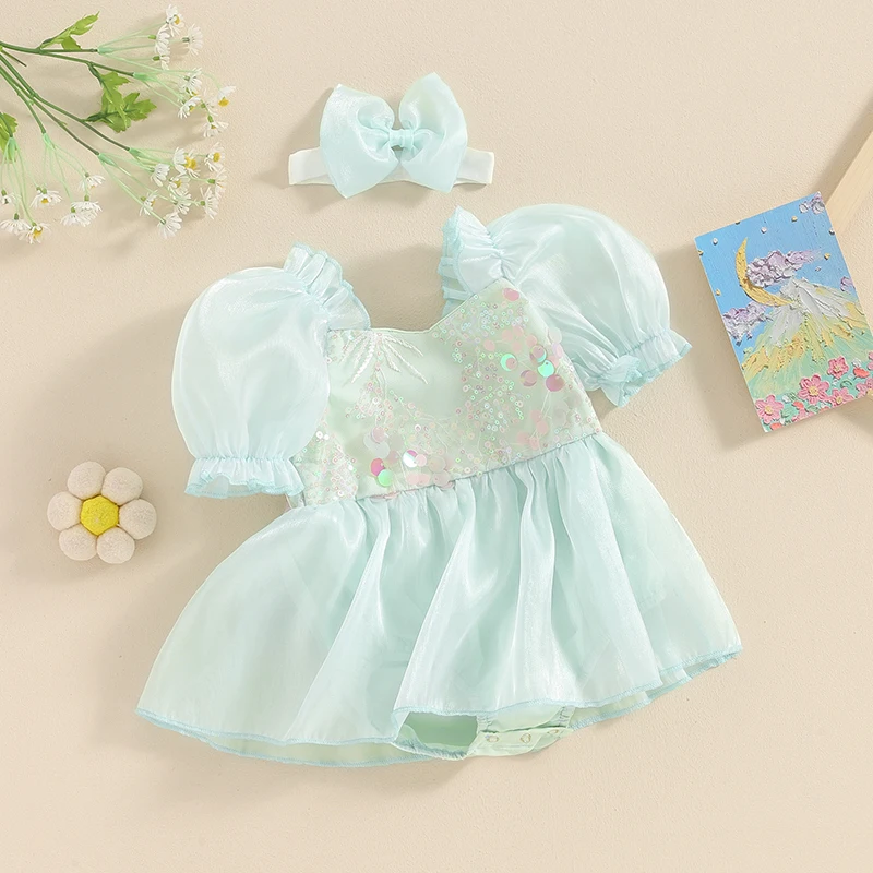 Baby Girls Princess Rompers Dress Sequins Short Sleeve Organza Skirt Hem Infant Bodysuits Summer Playsuits Clothes with Headband