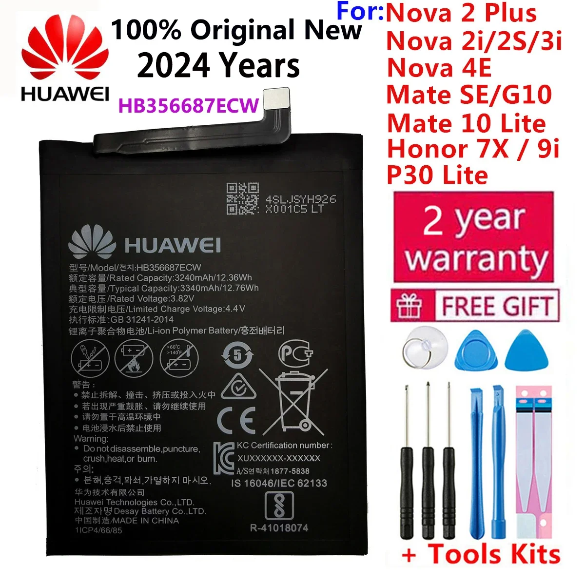 Batería 100% Original HB356687ECW para Huawei Nova 2Plus 2i 2S 3i 4e, Huawei P30 Lite Mate SE G10 Mate 10 Lite Honor 7X / 9i