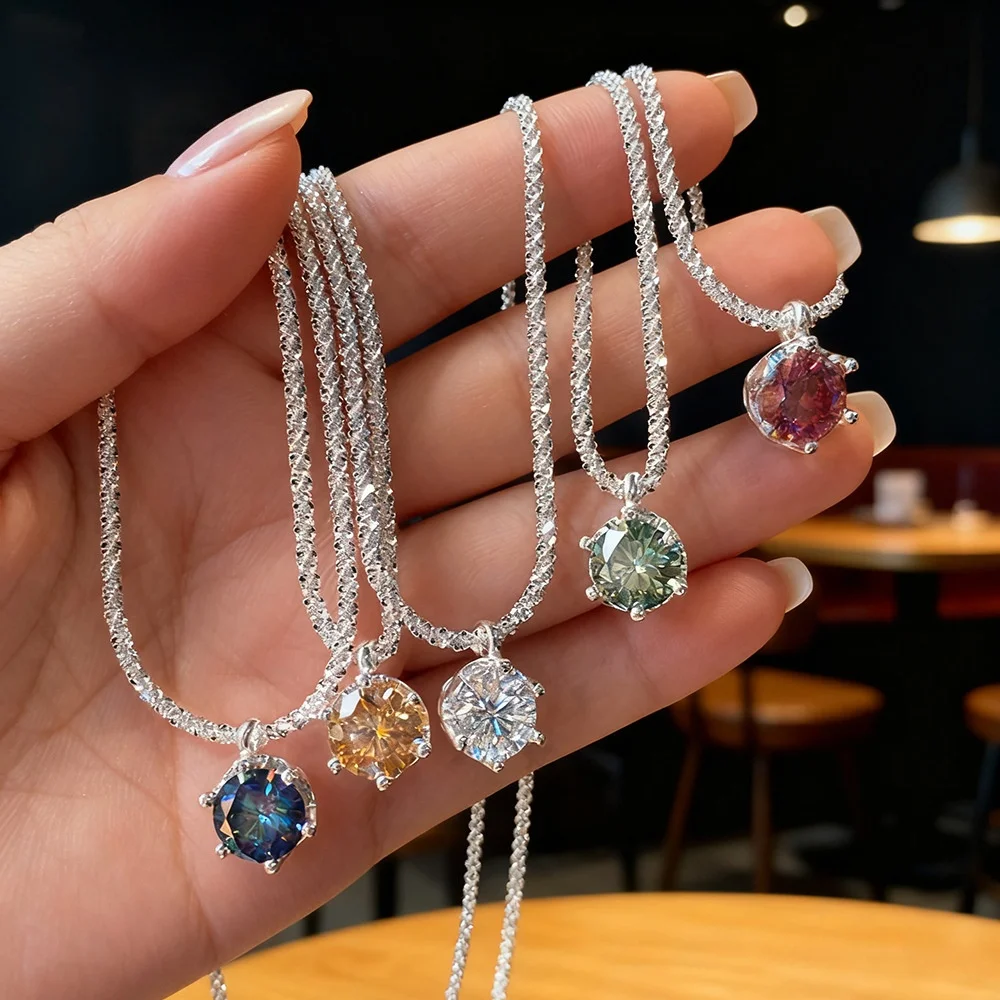 MOVESKI 925 Sterling Silver Round Cut Colorful Moissanite Sparkling Flash Chain Necklace for Women