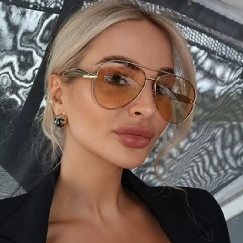 

Clear Brown Oversized Pilot Sunglasses Women Men Unisex Luxury Metal Brand Sunglasses Female Unique Metal Frame Double Bridge