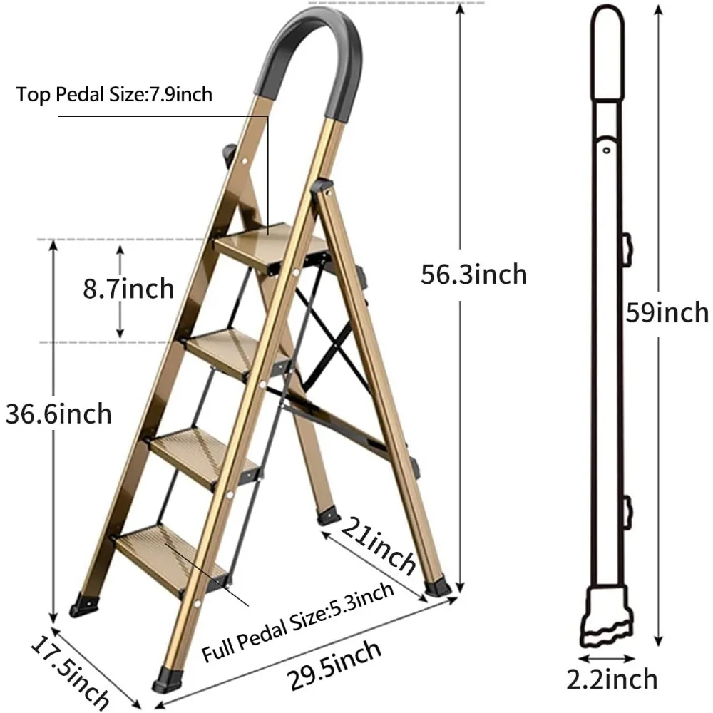 Aluminum 4 Step Ladder Folding Step Stool Stepladders With Anti-Slip and Wide Pedal (Brown Gold)freight Free Stairs