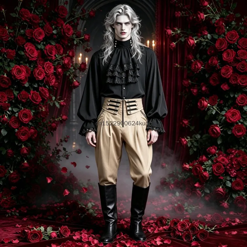 New Men Gothic Medieval Renaissance Costume Victorian Steampunk Ruffle Shirt Pants Men Halloween Pirate Vampire Cosplay Costume