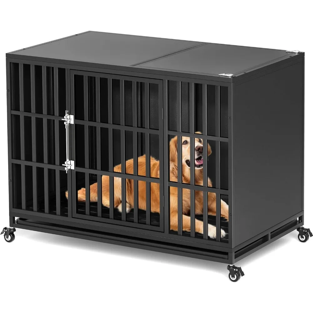 

48 inch Heavy Duty Dog Crate with Self-Locking Latch, Indestructible Large Steel Kennel with Enclosed Design, Escape-Proof