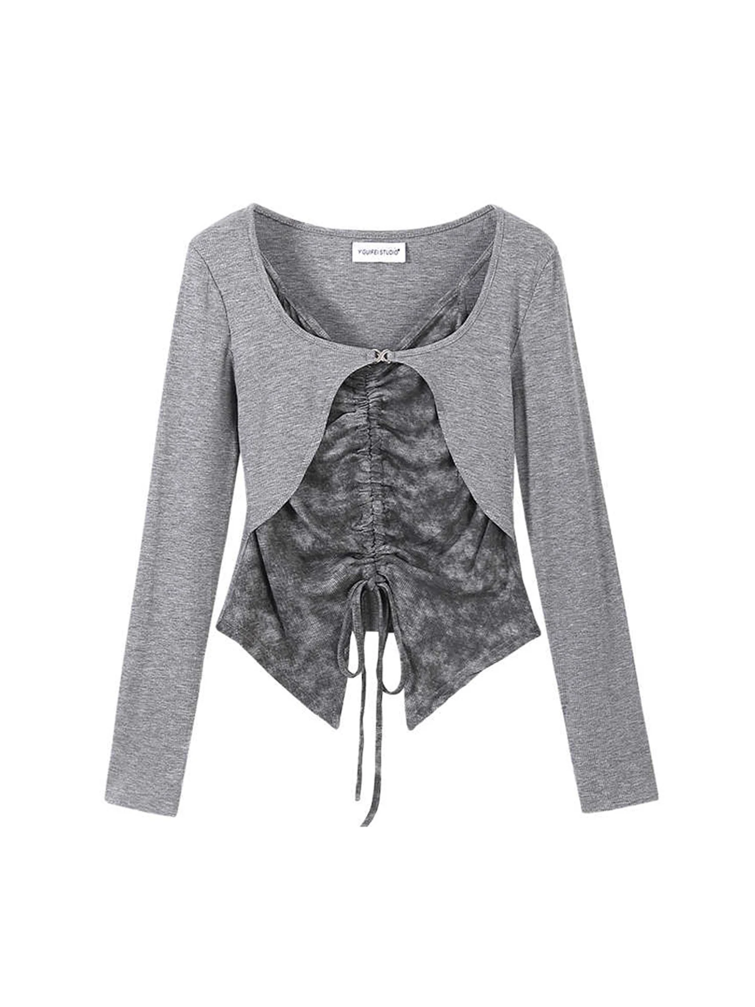 

Women Grey T-shirt Y2k Gyaru Tee Top Vintage 90s Aesthetic Lace-up Fake Two Pieces Long Sleeve O-Neck T-shirts Emo 2000s Clothes