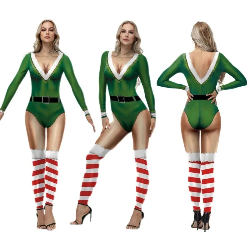 

Рождественский боди зентай для взрослых, сексуальный праздничный наряд с 3D принтом, женский праздничный костюм для маскарада, костюмы для косплея, комбинезон
