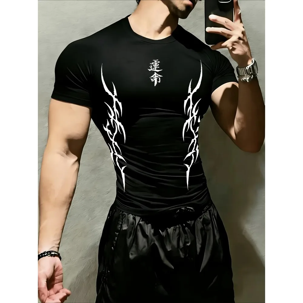 All Season Fitness Tight-Fitting Short-Sleeved Men's Clothing with Black Thorn Pattern, Suitable for Running and Fitness Trainin