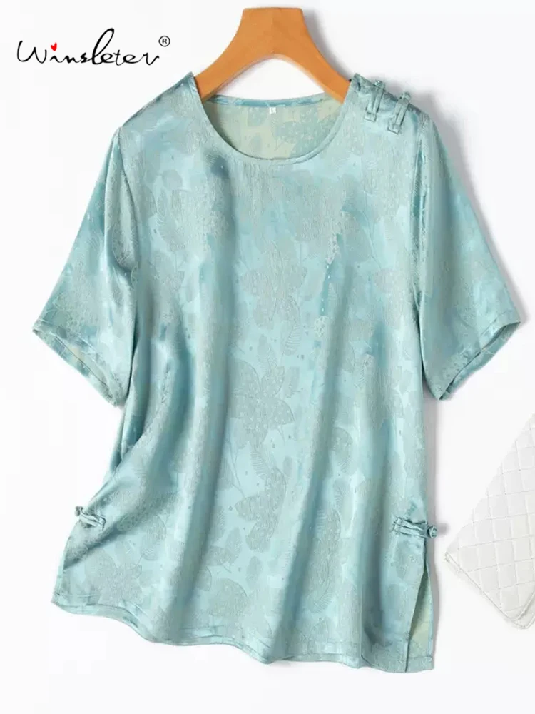 

Winsleter, 50%Natural Silk Elegant T-Shirt, Woman Short Sleeve O Neck Jacquard, Vintage Chinese Tops, 2024 Summer Fall T47037QC