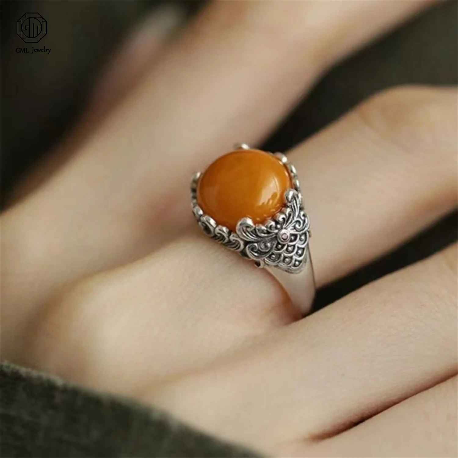 Natural Amber Auspicious Cloud 925 Silver Ring Women Light Luxury Vintage Open Adjustable Index Finger Exquisite Jewelry Gift