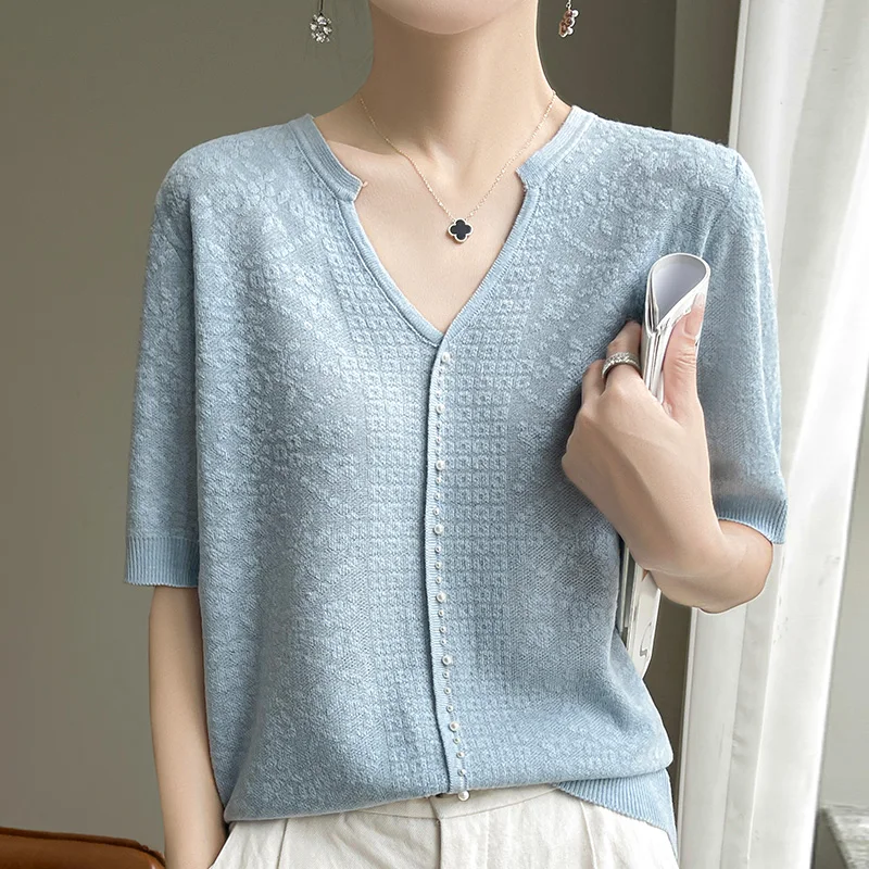 

Women's T-shirt Summer New Knitted Sweater Short Sleeve Casual Solid Color Women's V-neck Top Loose Soft Pullover T-shirt