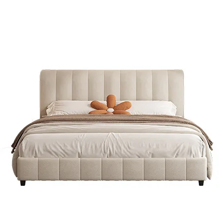 &Modern Simple Double Bed Frame Cream Wind Soft Bag Fabric Bedroom Bed Convertible Leather Puff Living Room
