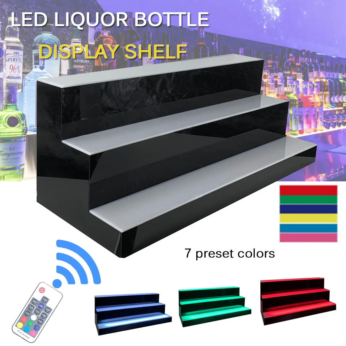 39" 3-Tier LED Lighted Glowing Liquor Bottle Display Shelf Home Back Bar Rack
